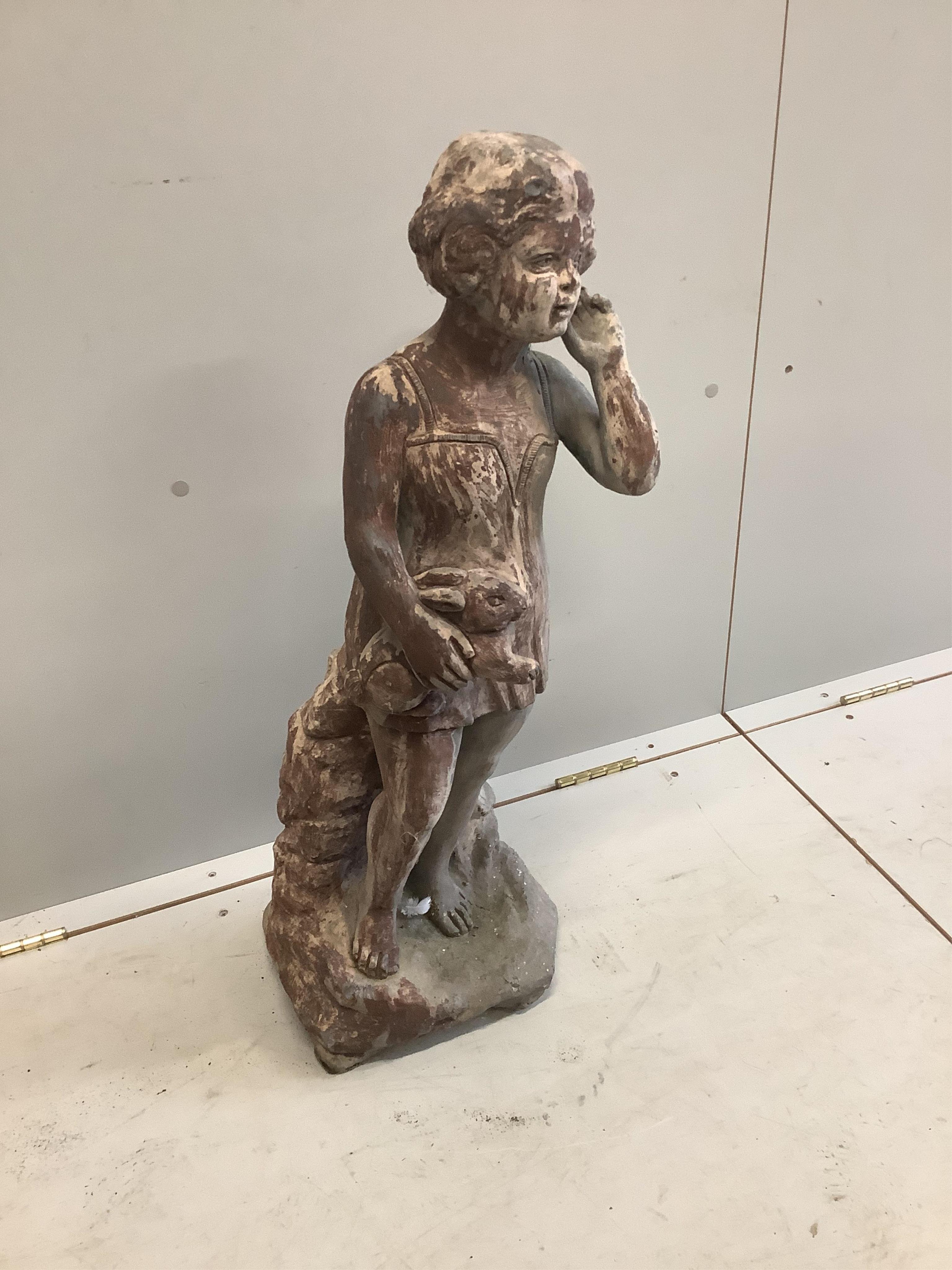 A painted lead garden figure of an infant girl holding a rabbit, height 77cm. Condition - fair